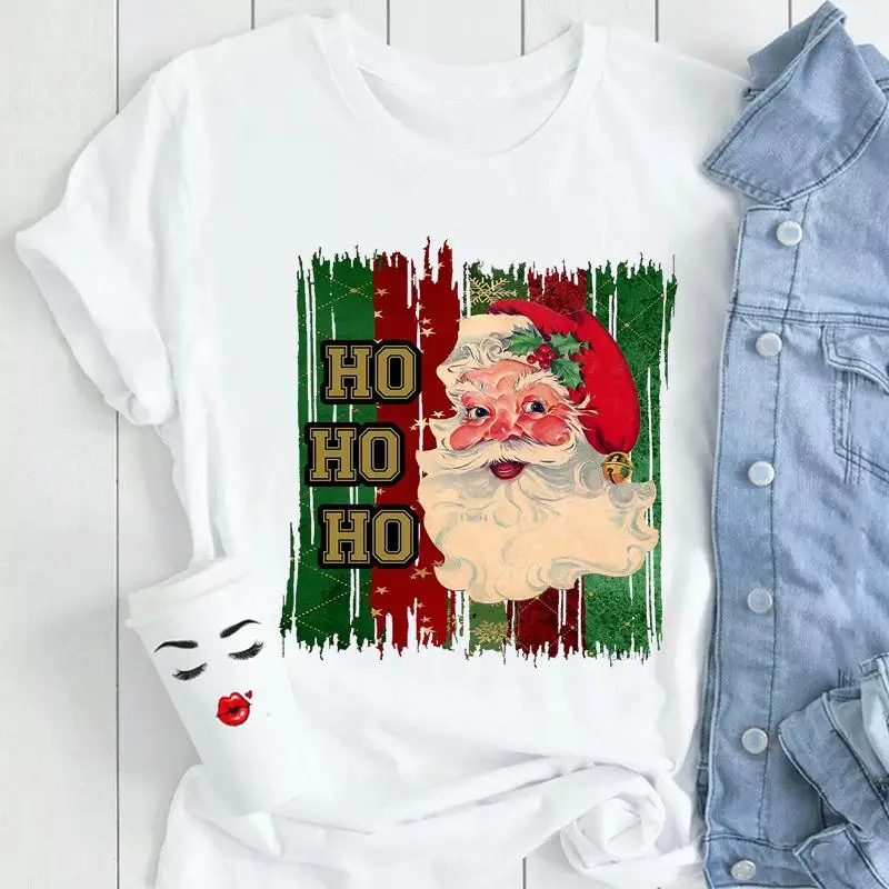 หญิงสุภาพสตรีพิมพ์เสื้อผ้า Tops Tees Tshirt เสื้อยืดผู้หญิงฤดูหนาวต้นไม้คริสต์มาสมีความสุขปีใหม่