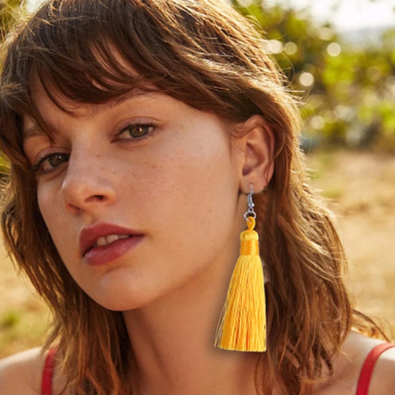 Women Long Tassel Dangle Earrings For Girl Bohemian Long Earrings Silk Fabric Vintage Earrings