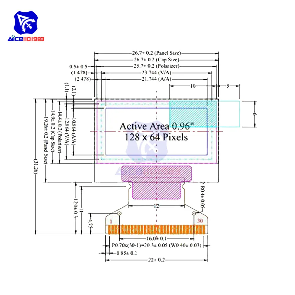 Diymore-Módulo de exibição LCD OLED, 0,96 ", 128x64, 30 pinos, 12864, placa de tela LCD, matriz passiva para arduino, 3 cores disponíveis