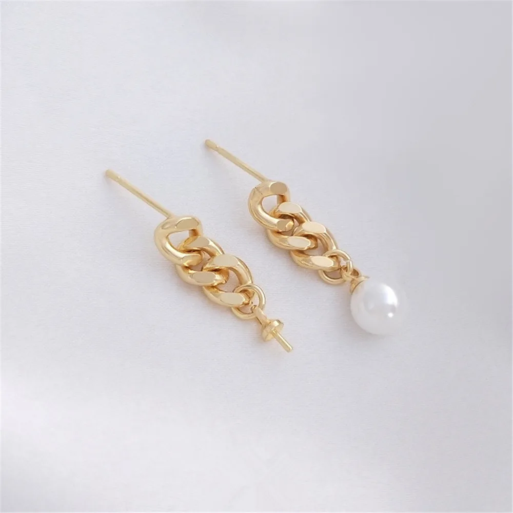 14K Gold Plated Chain hanging sheep eye half hole bead studs 925 silver needle handmade sticky bead earrings accessories