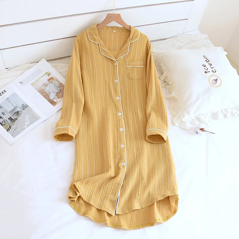 Summer Ladies Cotton Nightgowns Long-sleeved Simple Plus Size Sleepwear Double-layered Gauze Sleeping Dress Striped Sleep Tops