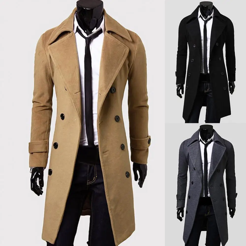 Mannen Trench Effen Kleur Lange Mouw Revers Overjas Slim Past Jas Bovenkleding Mannenjassen Streetwear Пальто Мужское