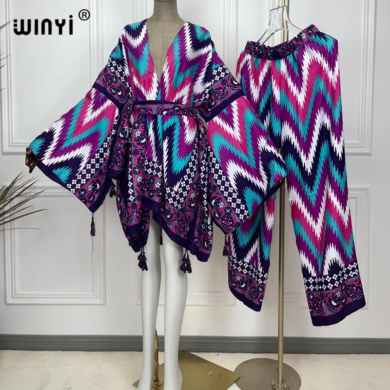 WINYI two-piece suit kimono straight leg pants Bohemian Printed Over Size Star Dress Women Elastic Silk Floor Length New Fashion