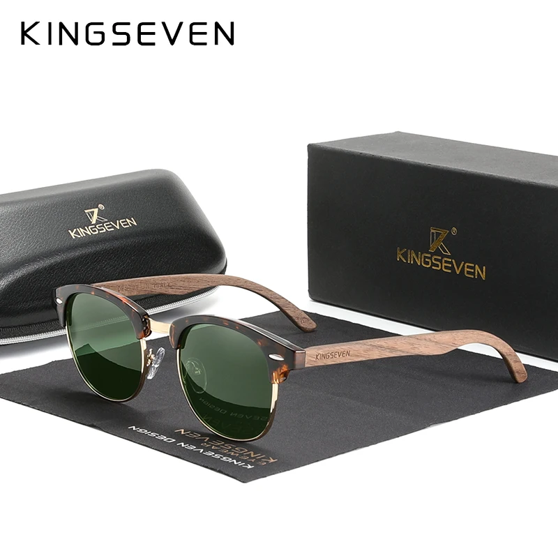 KINGSEVEN 2023 Qualitätsupgrade Walnuss-Holz-Sonnenbrille für Herren, polarisiert, halbrandlos, UV400-Schutz, Retro-Brille für Damen, Oculos
