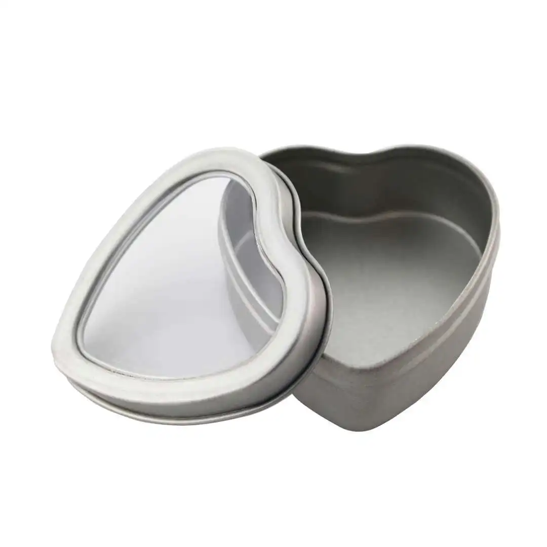 Heart Metal Tins,Empty Heart Shaped Silver Metal Tins with Clear Window for Candle Making, Candies Promotion 10Pcs