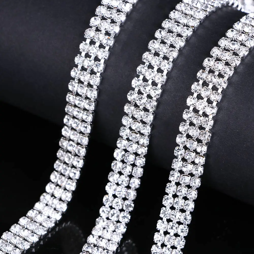 1-row/2-row/3-row 1Yard Silver Crystal Rhinestones Chain Flatback Silver claw Rhinestone Trim crystal for DIY Handcraft Sewing