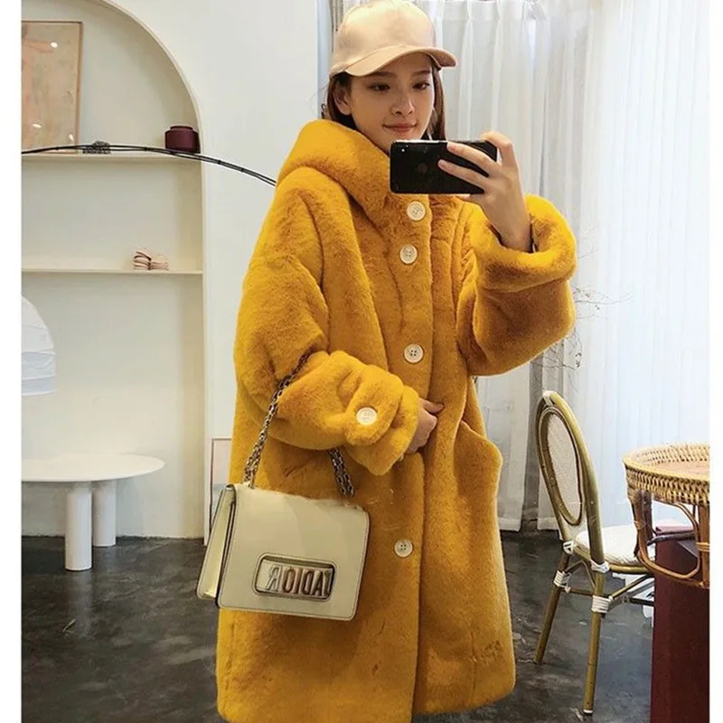 Women\'s Winter Cute Plush Coat Hooded Coat Buttoned Long Overcoat Shaggy Coat Faux Fur Coat Rabbit Fur Coat Female Hair Coat