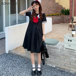 Dresses Women Short Sleeve Bow Sailor Collar Preppy Style Korean All-match Teens Simple Birthday Party Baggy Vintage Chic New