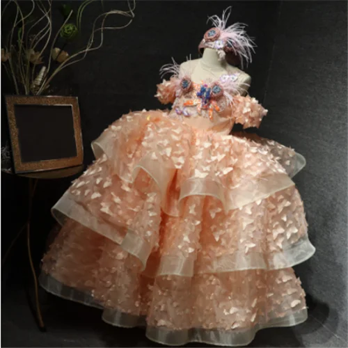 Robe longue à fleurs pour filles de 1 à 14 ans, haute qualité, col transparent, motifs papillons faits à la main, vêtements d'anniversaire pour enfants, 100% vrai