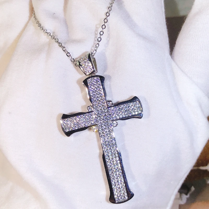 Unique Luxury Jewelry 925 Sterling Silver Cross Pendant Lucky Princess AAAAA+ Cubic Zirconia CZ Party Women Wedding Necklace