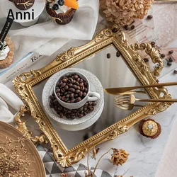 European Palace Vintage Trays Decorative Golden Carved Craft Mirror Tray Afternoon Tea Cake Dessert Display Plates Wedding Decor