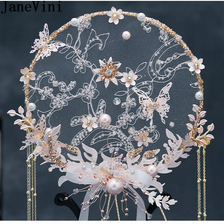 JaneVini 2021 Chinese Style Bridal Fan Wedding Bouquets Crystal Beaded Flowers Butterfly Bride Hand Accessories Tassel Bouquet