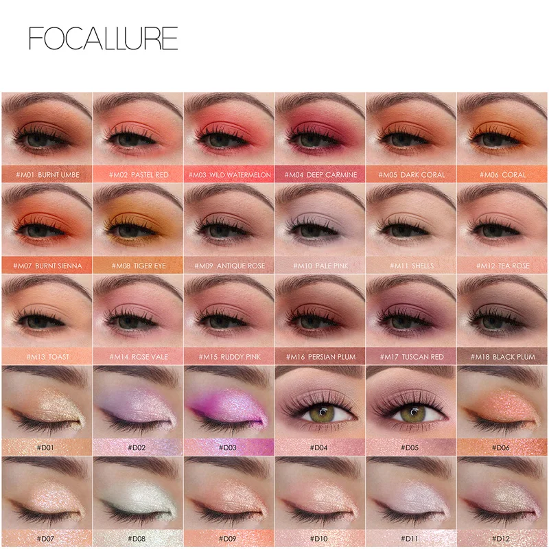 FOCALLURE 단색 아이 섀도우 메이크업 팔레트, 방수 매트 글리터 안료, 아이 섀도우 팔레트 쉬머 화장품