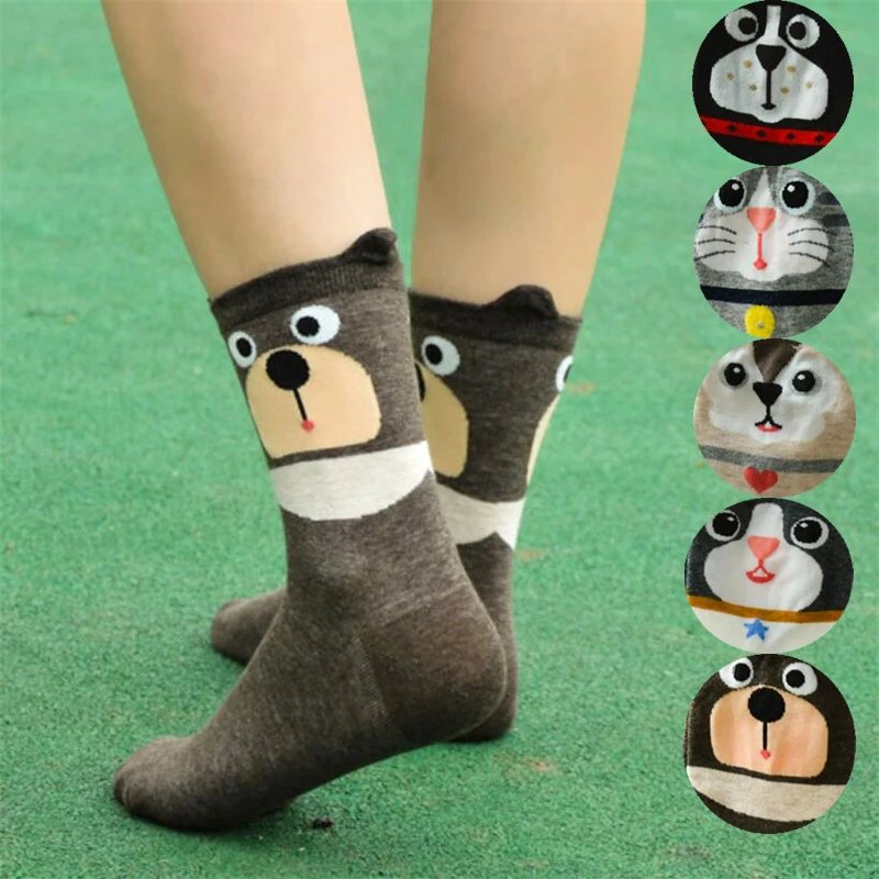 Korean Style Women Animal Cotton Socks Fake Brand Pug Border Collie Patterned Female Ladies Fun Cartoon Tube Socks