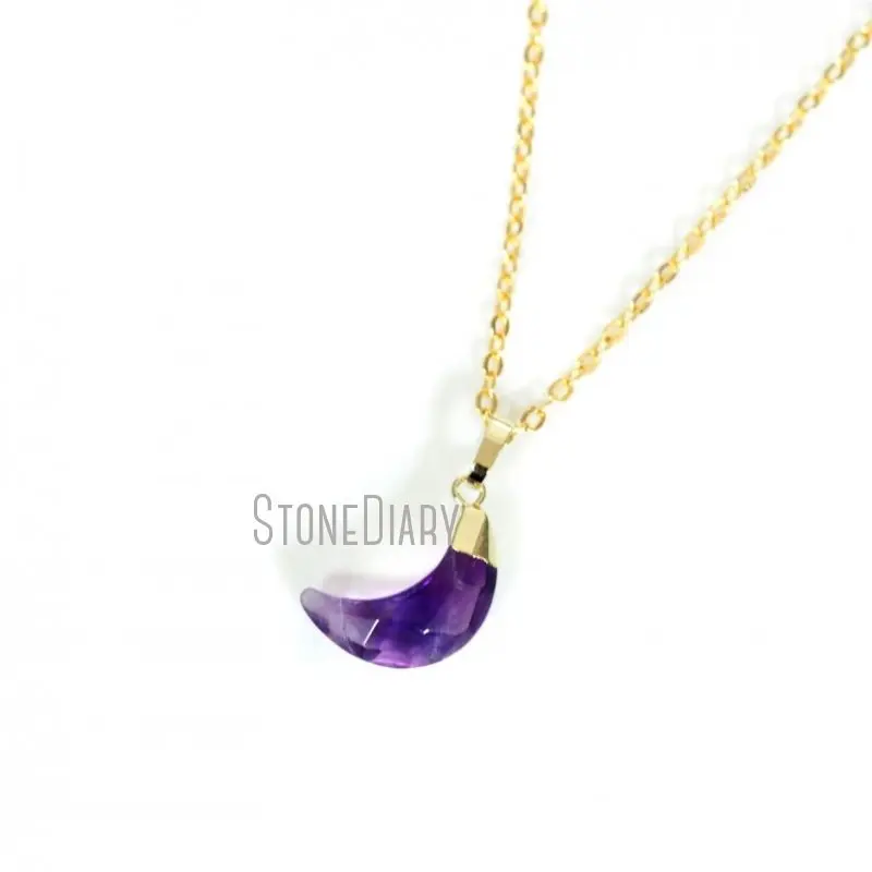 NM14615 10Pcs Latest Dog Tooth Amethysts Chains Necklaces Gold Plating Faceted Moon Chains Necklaces Clearance 16inch-20inch