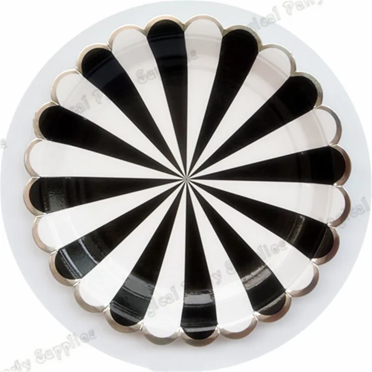 40pcs Large Black Striped Paper Plates Black and White Stripe with Silver Scallop Tableware Cups Napkins Wedding Party Supplies