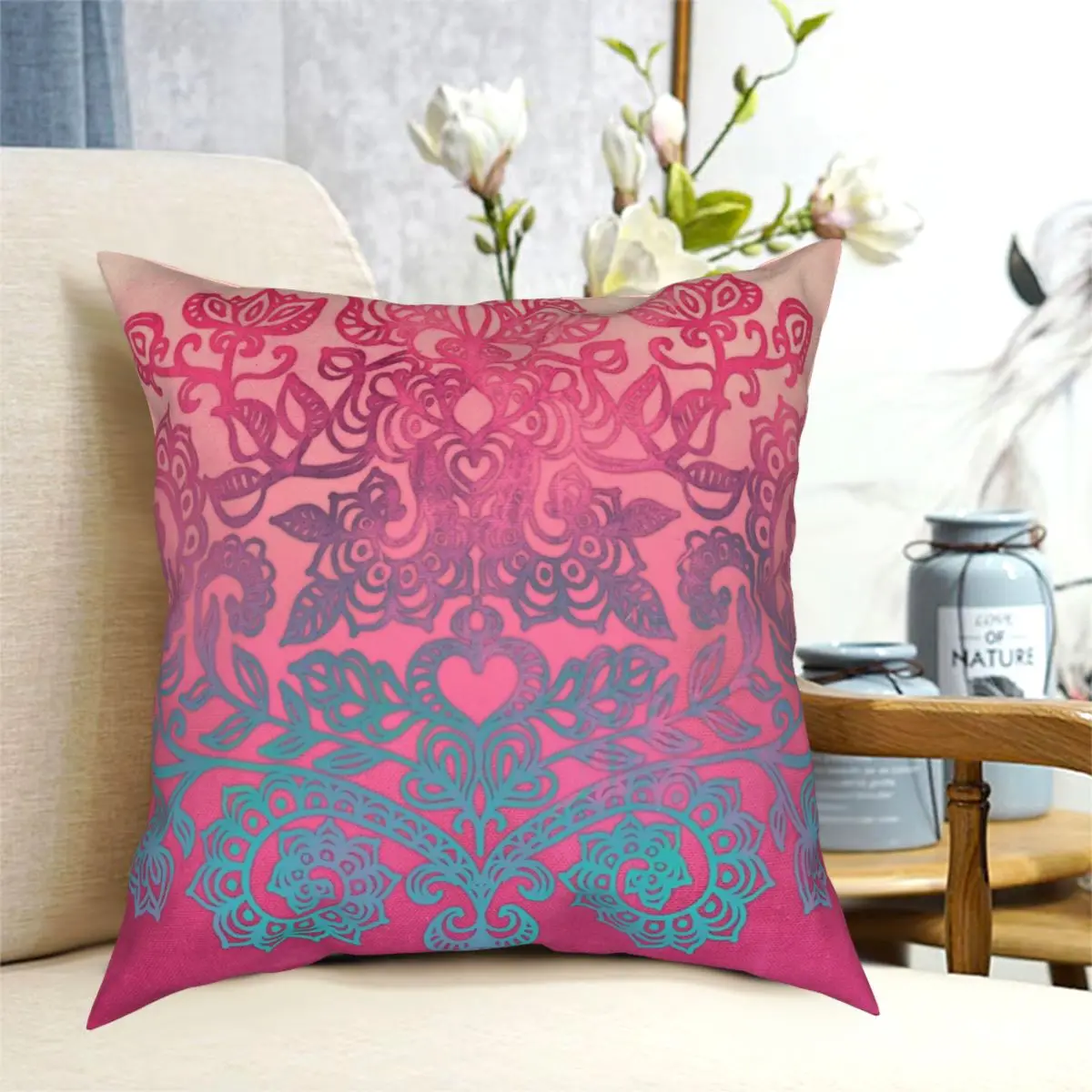 

Ombre Folk Art Doodle Square Pillowcase Polyester Creative Zip Decor for Room Cushion Cover