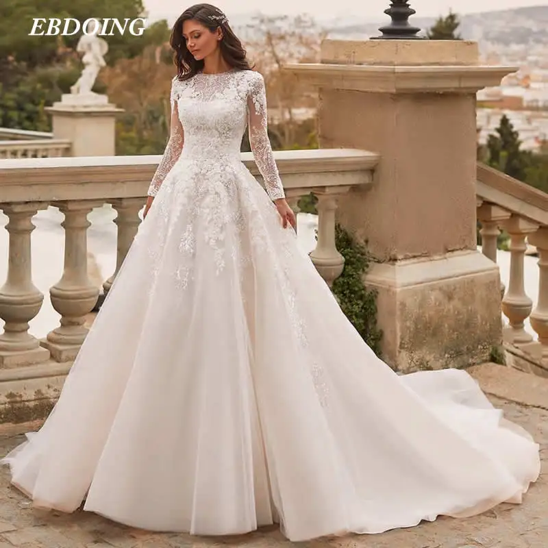 Vestido De Novia De encaje con cuello redondo y manga larga, vestido De Novia De talla grande, hecho a medida, novedad De 2021