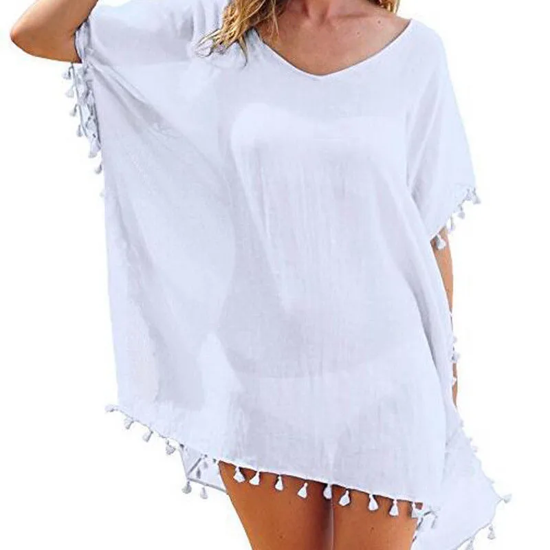 Chiffon Tassels Beach Dress Women Swim Suit Bathing Suit Cover Up Tunic Sarongs Blouses Swimwear Female Pareo Tops