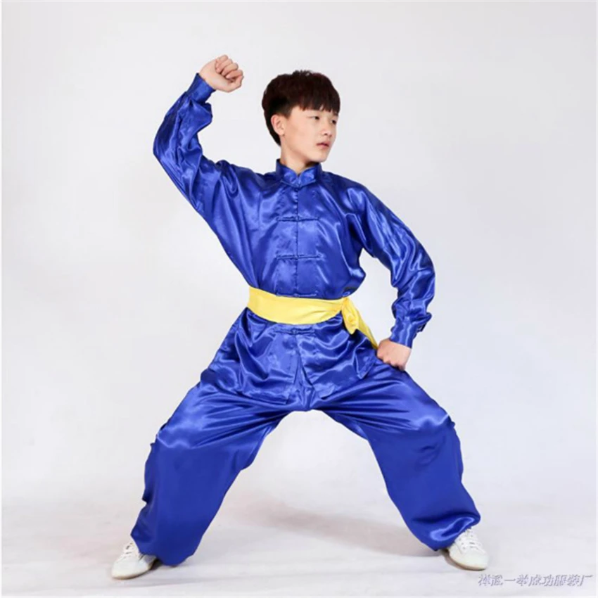 8Color chiński Kung Fu ubrania dla chłopców tradycyjne Tai Chi Wushu jednolite dzieci odzież sceniczna zestaw spodni 100-160CM