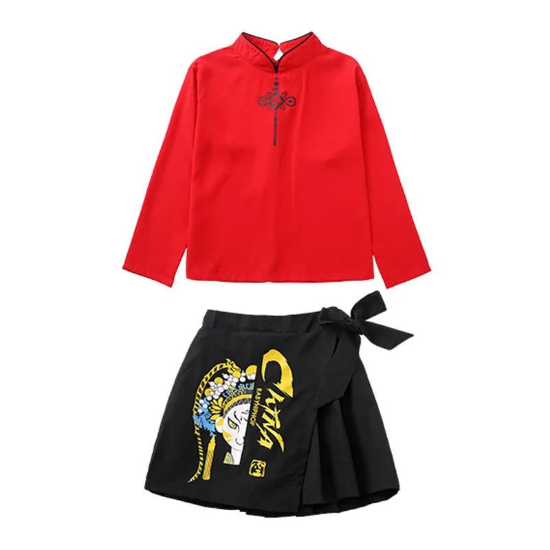 Chinese Traditional New Year Hanfu White Red Shirt Top Black Pants Skirt for Girls Boys Stage Dance Performance Costume Clothes