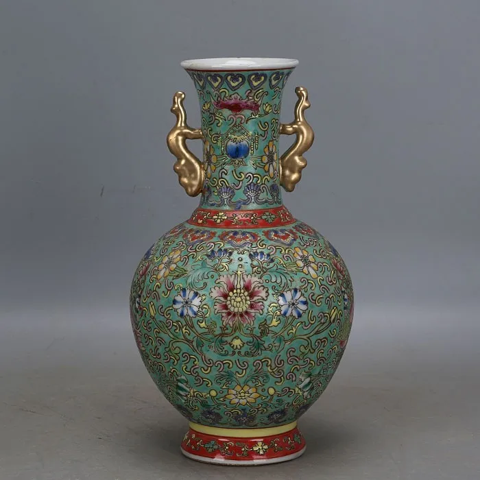 Qing Qianlong powder enamel vase with painted flower with golden two ears imitation home collection hand-made antique porcelain