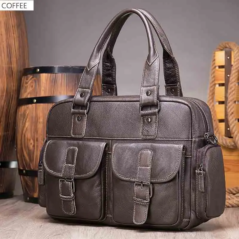 Luufan-maletín de cuero genuino para hombre, bolso de mano para ordenador portátil de 15,6 pulgadas, de gran capacidad, de cuero de vaca, negro, para negocios