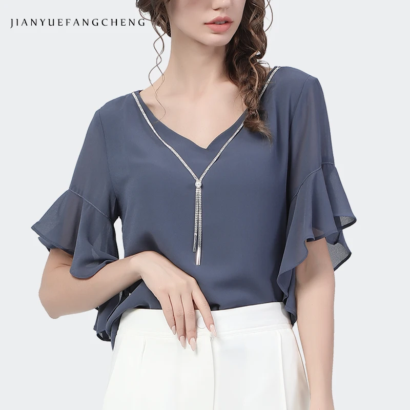 Fashion Summer Chiffon Blouse Women Loose V-Neck Flare Sleeve Tops With Metal Tassel Slimming Plus Size Black Casual Blouses