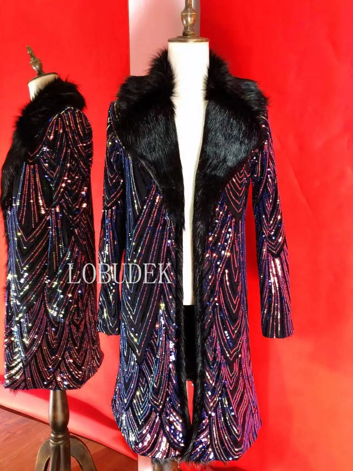 男性フェイクファー襟スパンコールオーバーコートバーナイトクラブ男性歌手コンサートステージロングコートカーニバルパーティーショーパフォーマンス衣装