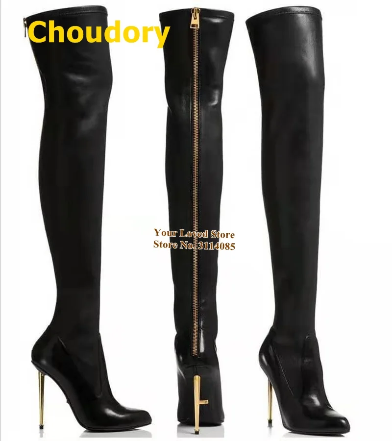 

Choudory Gold Metal Heels Over-the-knee Boots Black Matte Leather Back Zipped Thigh High Boots Sexy Nightclub Dress Shoes Women