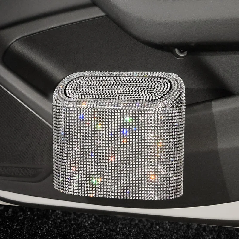 Car Rhinestone Trash Can Convenient Storage Bucket Tissue Phone Bin Garbage Box for Car Garbage Can with Lid Car Accessories