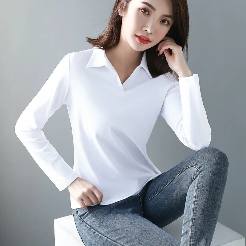 Women Cotton T-shirt Solid color Lady Polos Long Sleeve Autumn Winter Women\'s clothings All match Female T-shirts