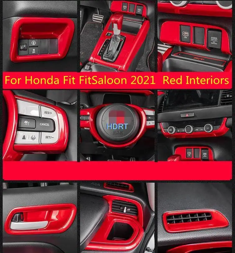 For Honda Fit FitSaloon 2021 Stainless steel Red Interiors Armrest Window Glass Elevator Button Decoration Frame Cutout Cover