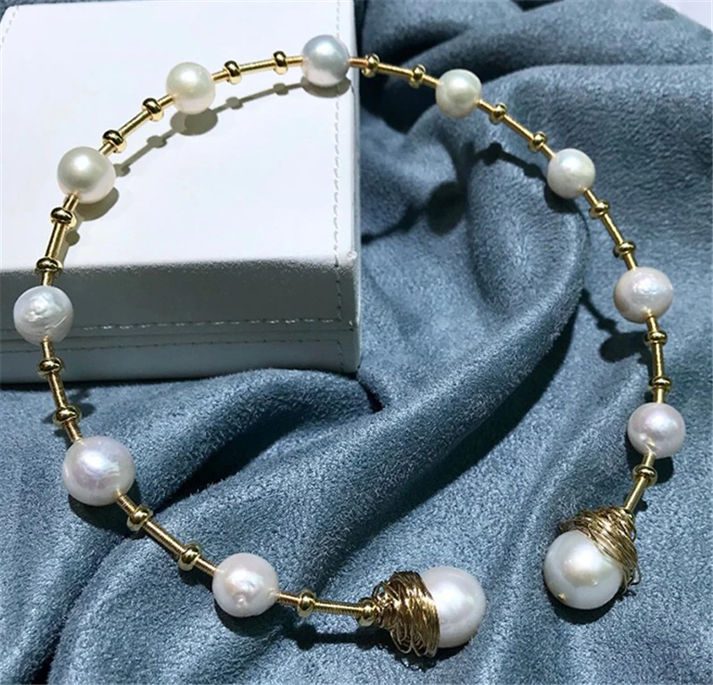 HABITOO Luxury Golden Thread Cross White Baroque Cultured Pearl Necklace Adjustable Choker Jewelry Women Fashion Party Wedding