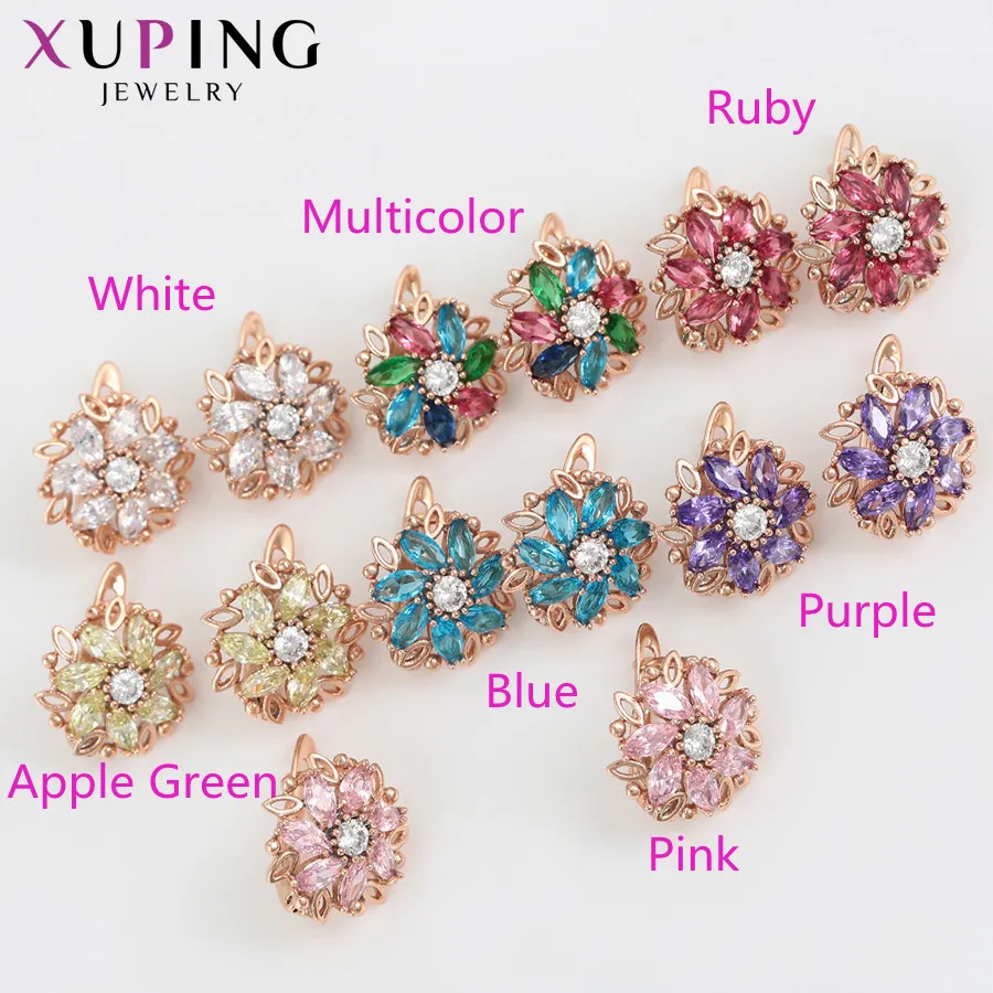 Xuping Jewelry Fashion Women Huggies Earrings with Colorful Flower Shaped Synthesis Cubic Zirconia 98251