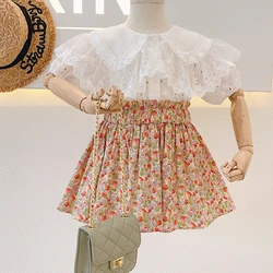 2021 Spring Summer Girls' Clothing Sets Lace Lapel Tops+Floral Short Skirt 2Pcs Suit Princess Toddler Baby Kids Children Clothes