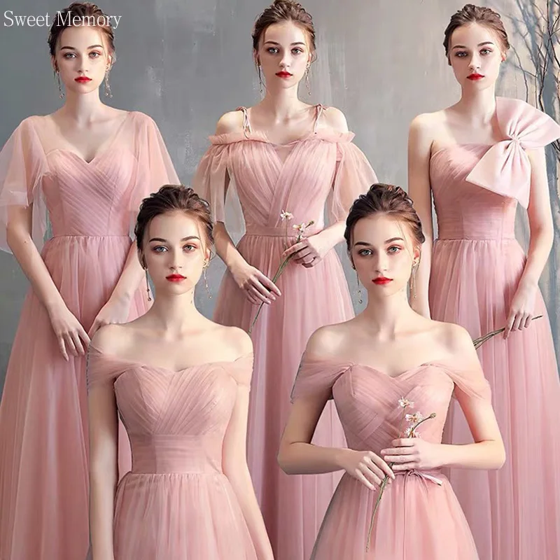 A095 Custom Made Beauty Pink Bridesmaid Dresses Sweet Memory Women Tulle Dress With Bow Bride Vestidos Wedding Guest Party Robes