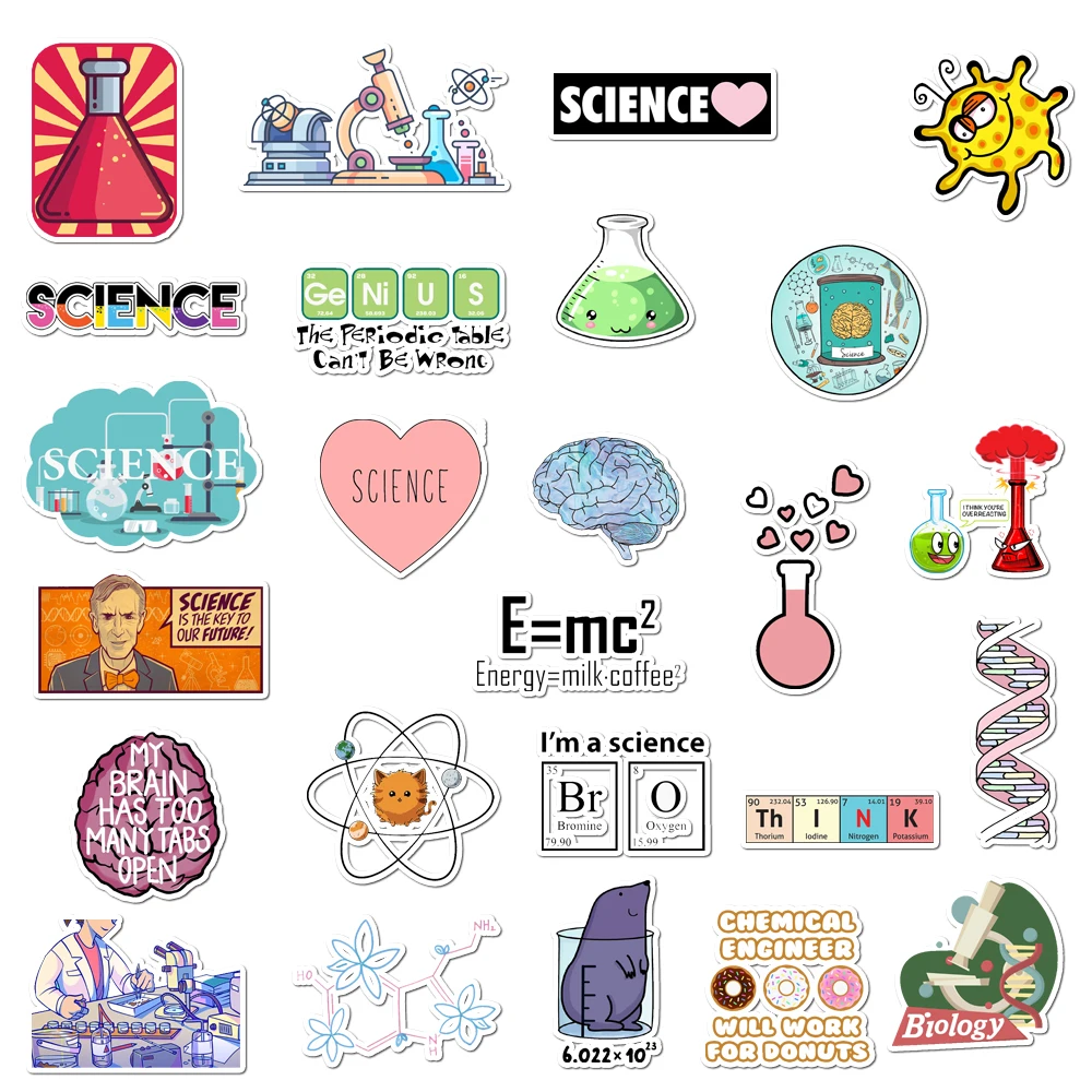 50Pcs Science Chemistry Lab Astronaut Stickers Blockchain Code Brain Scientists Funny Stickers for Child Gift Decor Luggage