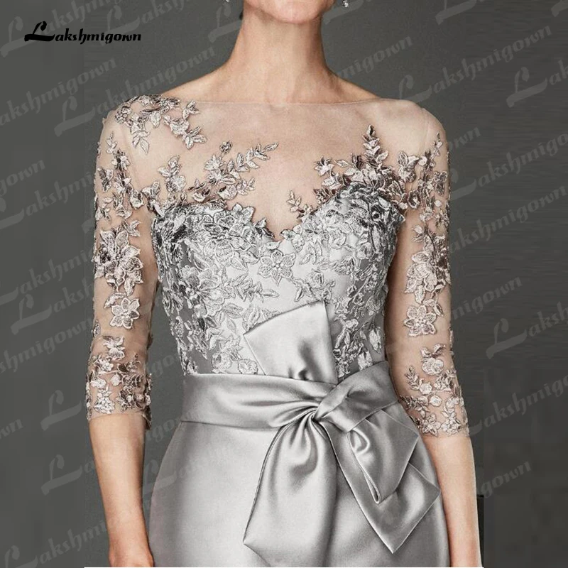 Silver Champagne Short Knee Length Lace Mother of the Bride Dresses Three Quarter Sleeves Mother Formal Wedding Guest Gown