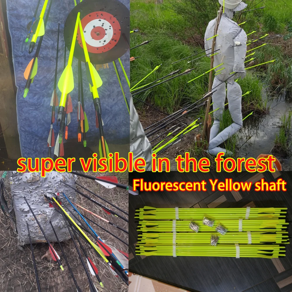 Fluorescent Yellow Shafts for Hunting Archery, Compound Bow, Carbon Arrow, Broadheads, Tips, 12Pcs, 30