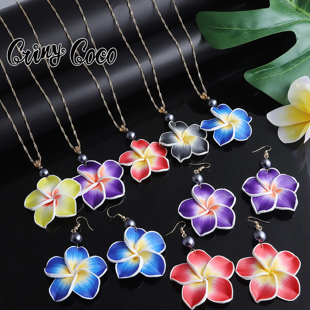 New Designer Jewelery Sets Trendy Handmade Soft Polymer Hawaiian Plumeria Necklace Earrings Set Valentine\'s Days for Women 2022