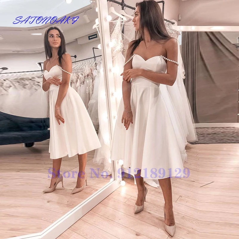 

Vestidos De Novia Sexy Short Satin Wedding Dresses A-Line Off the Shoulder Pearls Corset Tea Length Bridal Gown Robe De Mariee