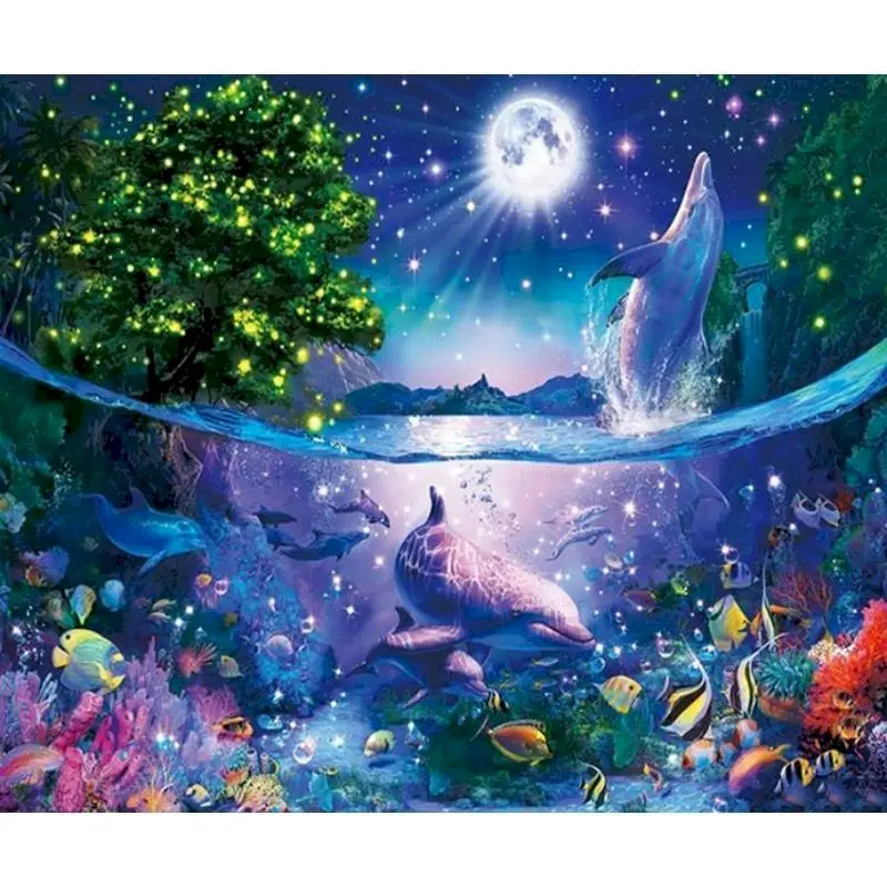 油絵:イルカ イルカの絵画：オリジナル油絵、満月の海景（10x10） - Etsy 日本