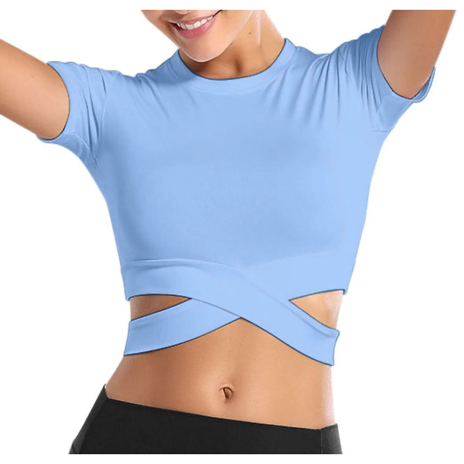 Women Crop Tanks Tops Tummy Cross Solid Color Camis Short Sleeve Sport Shirt For Yoga Spandex New Camisetas De Manga Curta