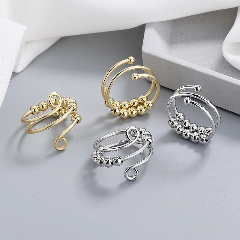 New Double Layer Anxiety Rings With Beads Spiral Roate Freely For Women Teen Grils Fashion Jewlery Best Friends Gift