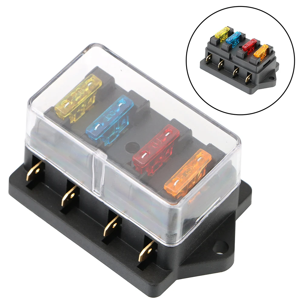 12V/24V+4 Way Fuse Block & Warning Indicator Fuse Box Holder 4 Ways Blade Fuse Block For Auto Car Marine Trike Plastic Cover