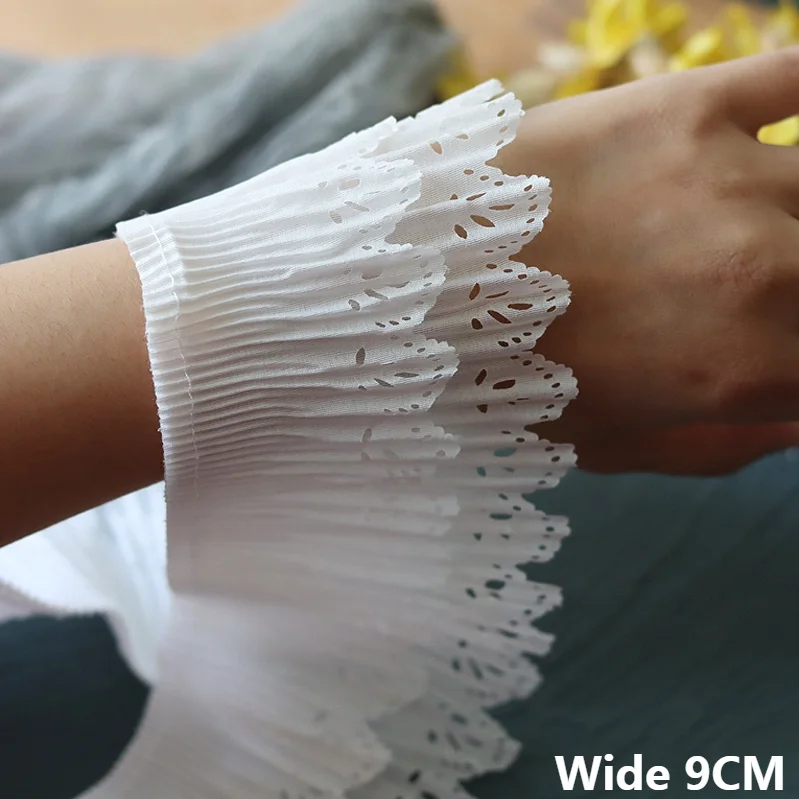 9CM Wide White Double Layers Chiffon Pleated Fabric Embroidered Fringe Ribbon Elastic Ruffle Trim DIY Apparel Dress Sewing Decor