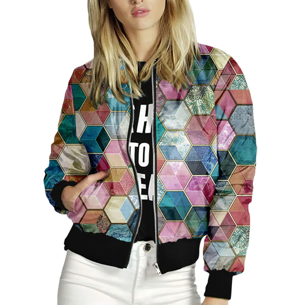 Giacche da donna 2021 colorate stampate in 3D da donna con cerniera Bomber capispalla primavera autunno manica lunga corta sottile sottile cappotti