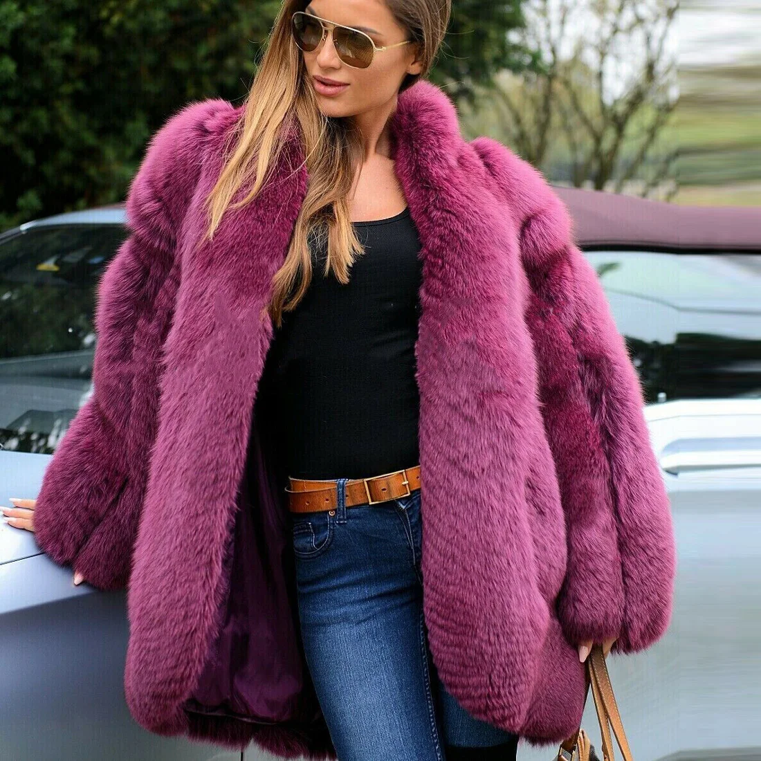 BFFUR Fashion Purple Natural Fox Fur Coat Women Winter New Whole Skin Fox Fur Jackets Medium Length Thick Warm Fur Overcoat