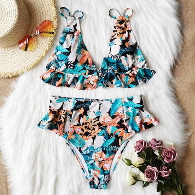 New Ruffled Bikini Print Two-Piece Swimsuits Women\'s Hot Selling European and American Fashion Pastoral Street Swimsuit Bikini